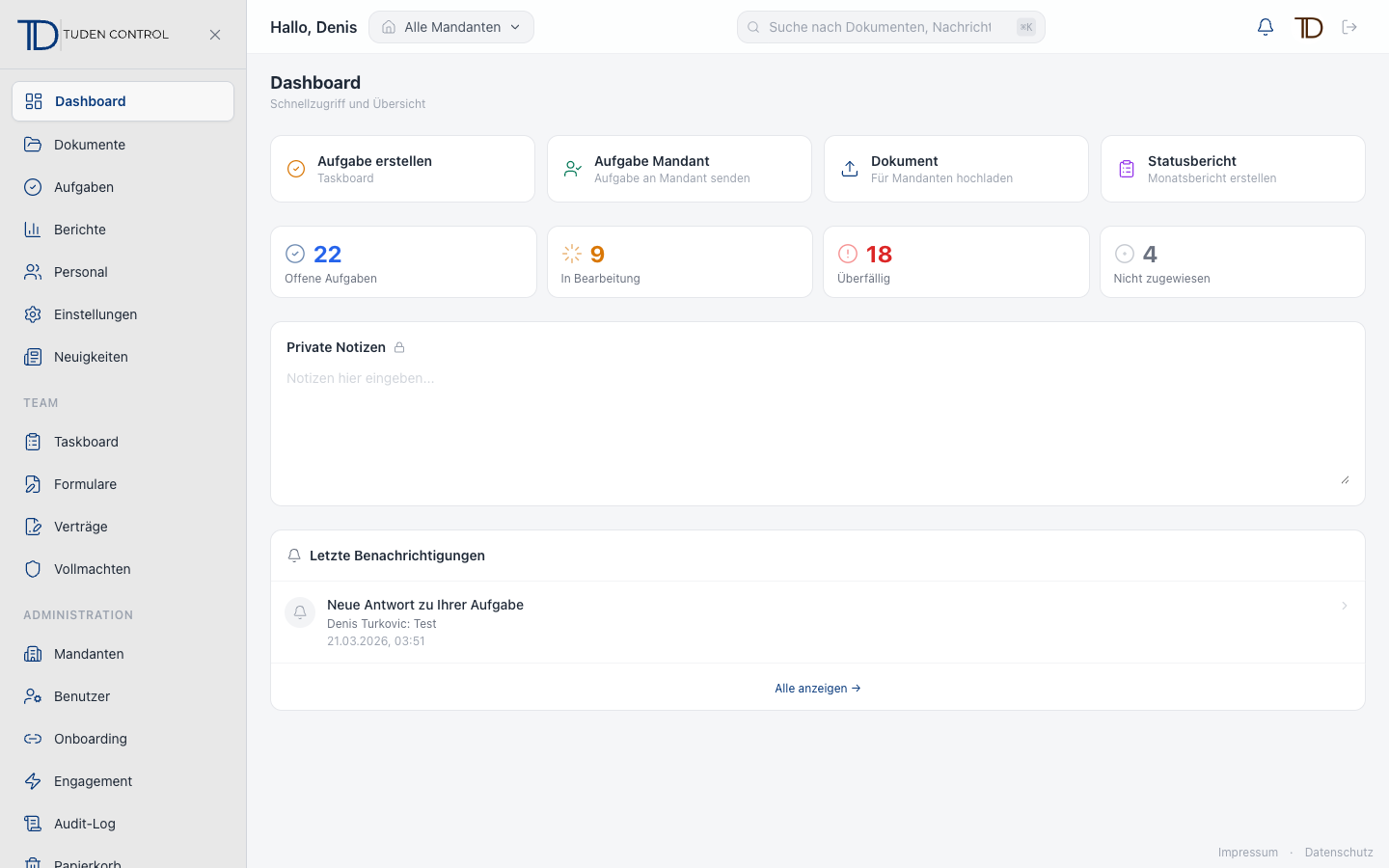 Tuden Control Portal Dashboard